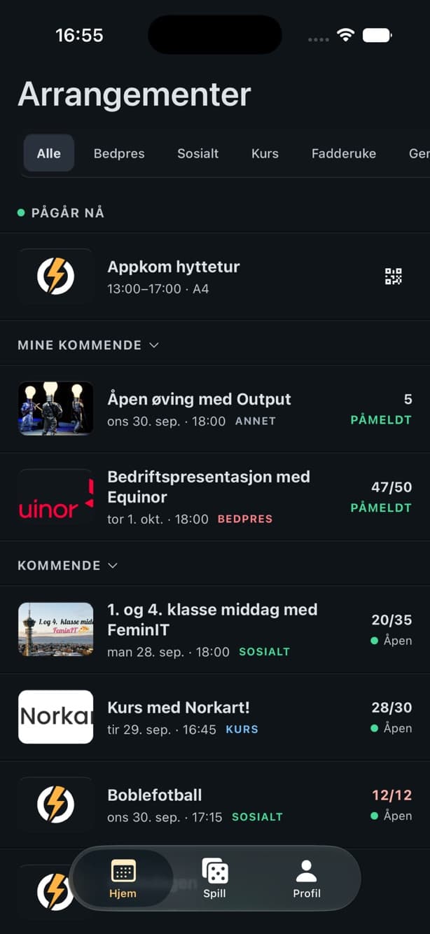 Online app events screen
