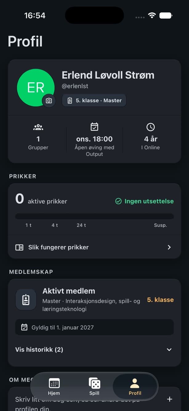 Online app member profile screen
