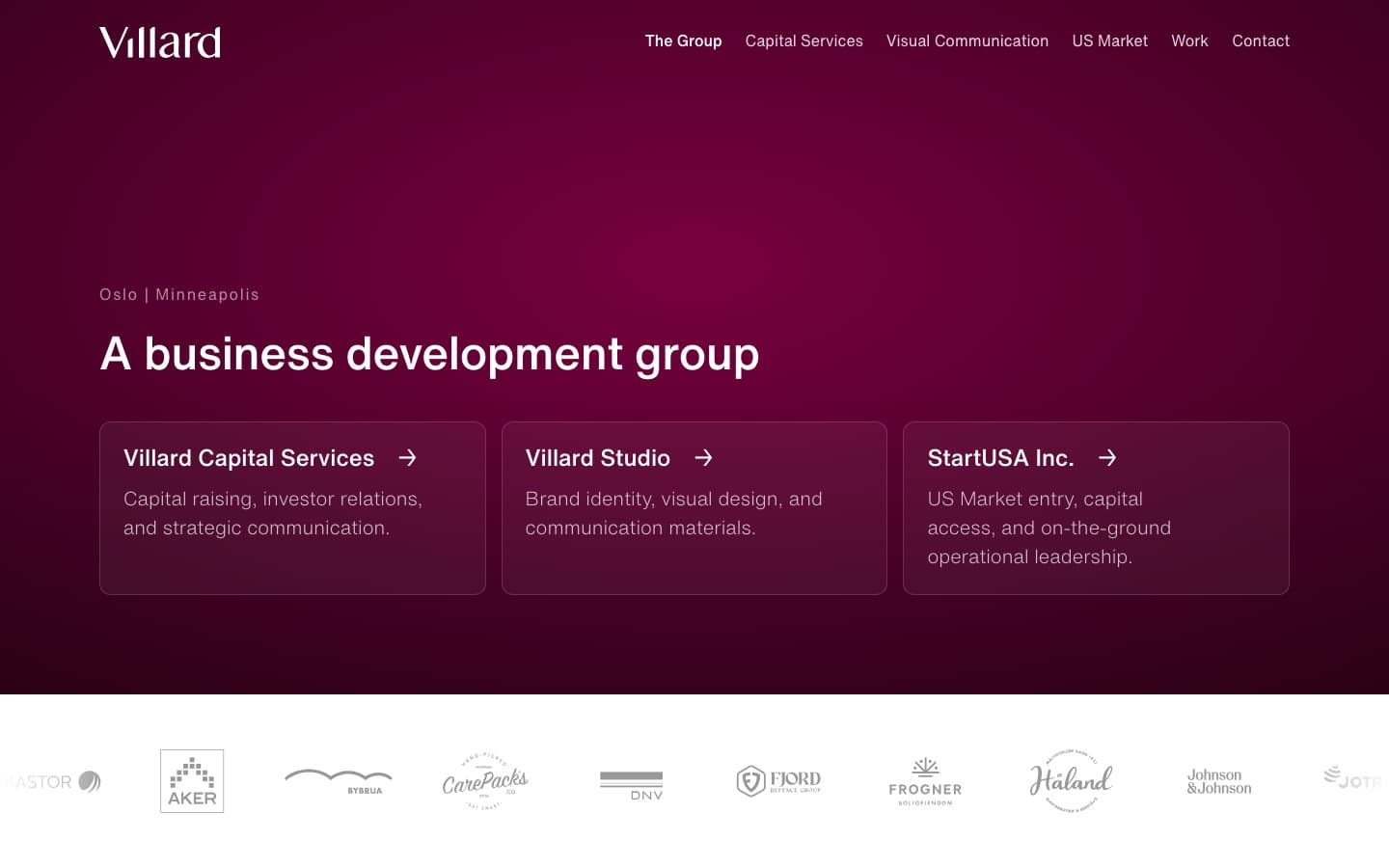 Front page of Villard's burgundy website, showing its three service areas